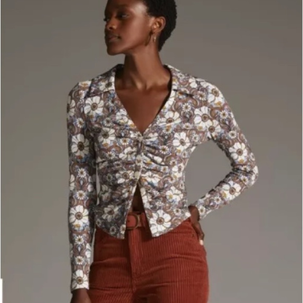 Anthropologie Maeve Ruched Floral Button Front Top Medium